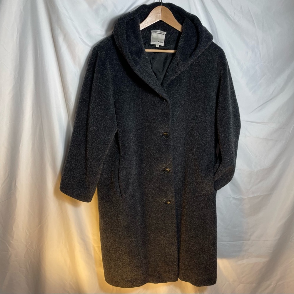 Vintage Anne Klein 2/Charcoal Wool Mohair /Silver Look Oversized Hood Coat-Size